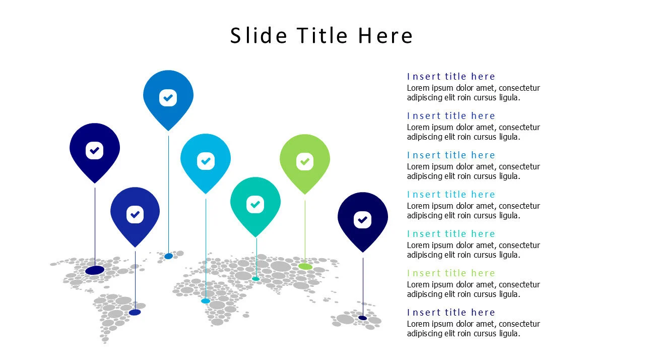 7 colored location pins on world map infographic