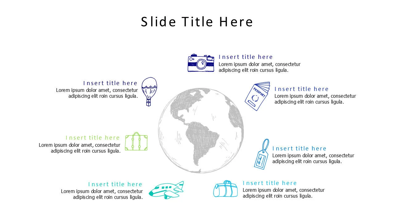 7 points colored doodle planet earth with icons infographic