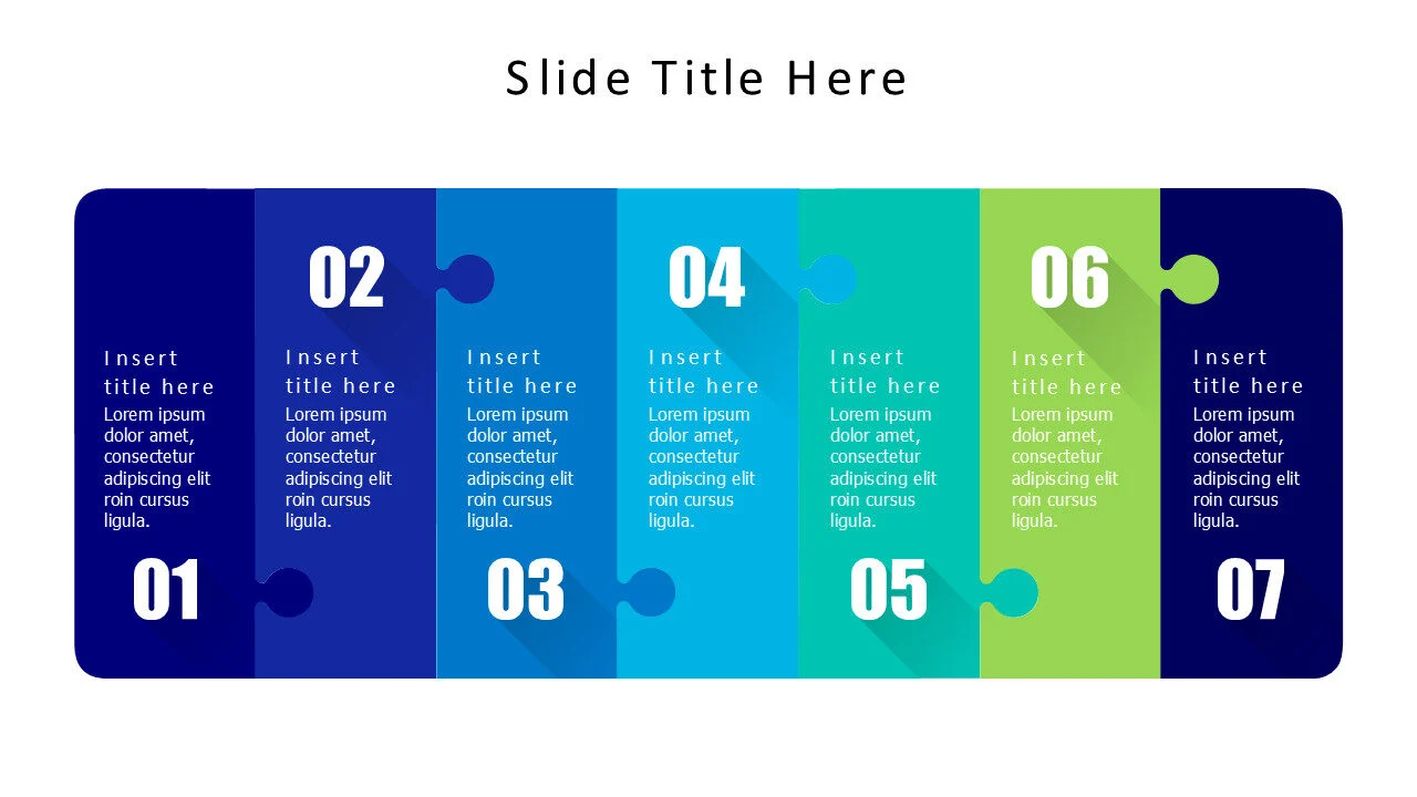 7 points connected vertical puzzle pieces infographic