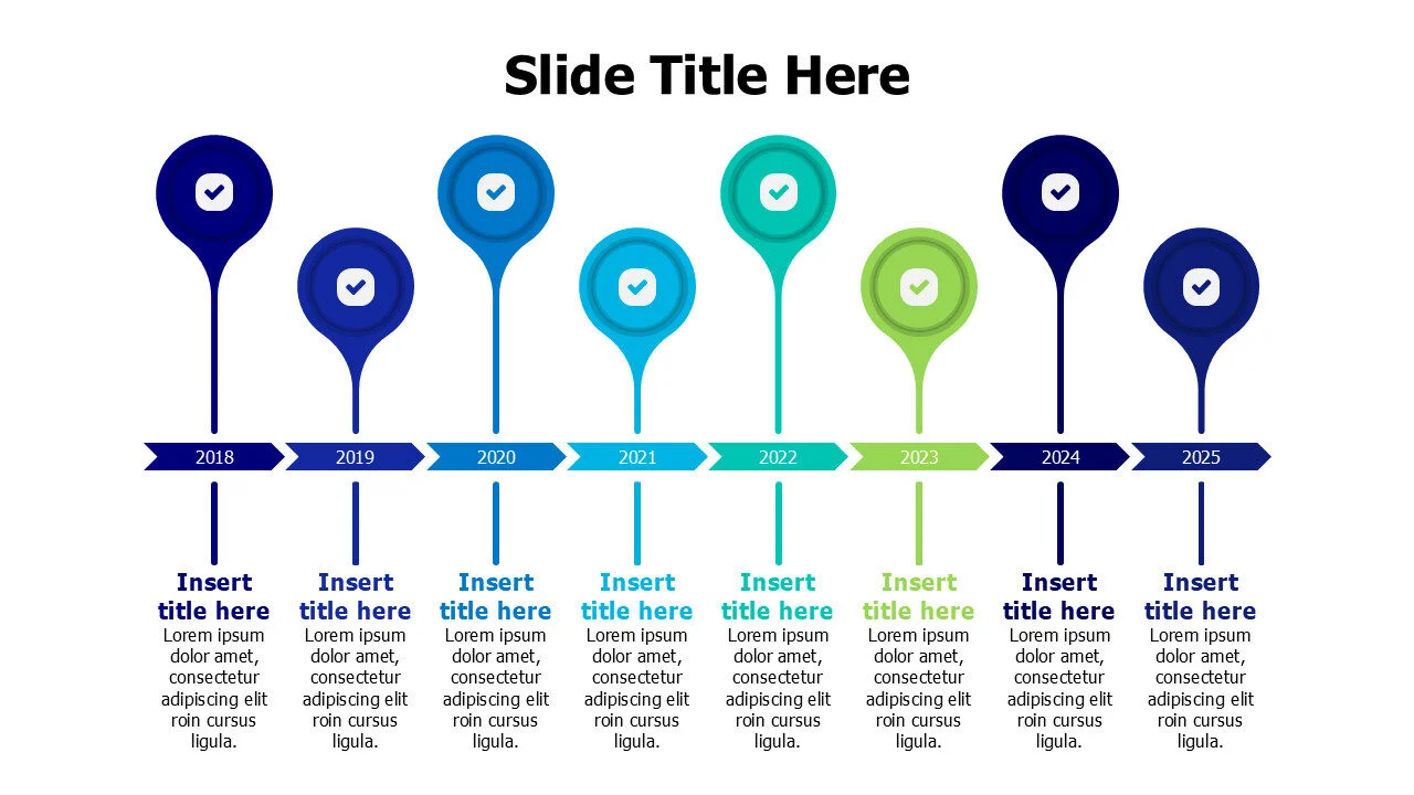 8 colored circles timeline with arrows infographic
