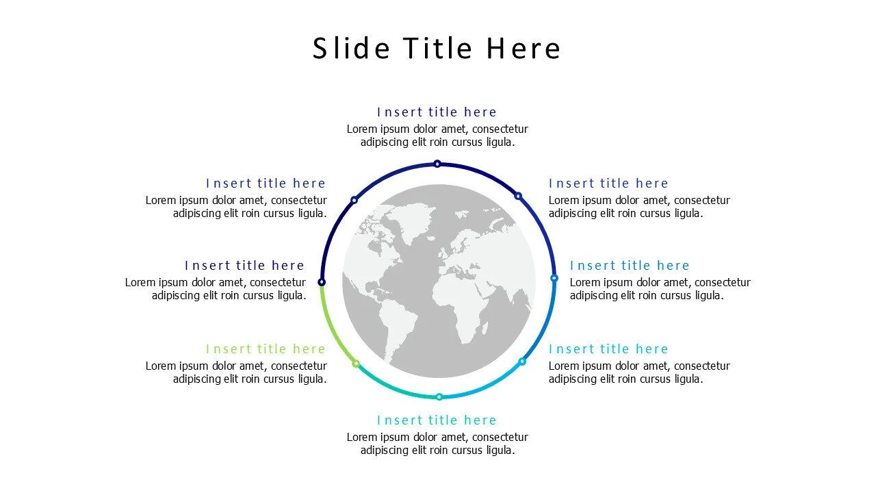 8 colored divided circle around a world map infographic