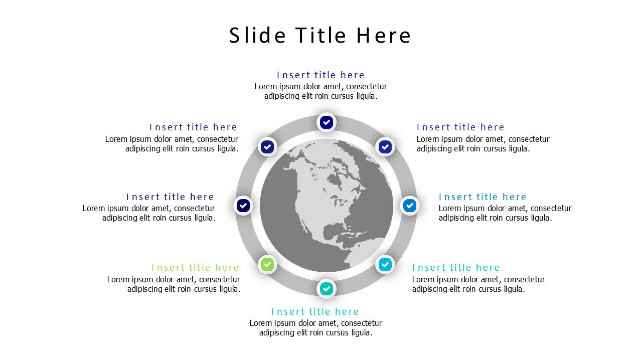 8 colored points around world map infographic with icons