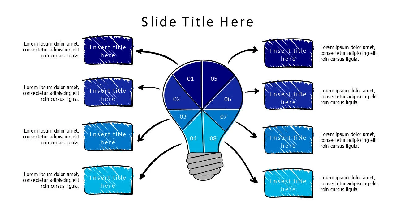 8 points divided doodle bulb with numbers infographic