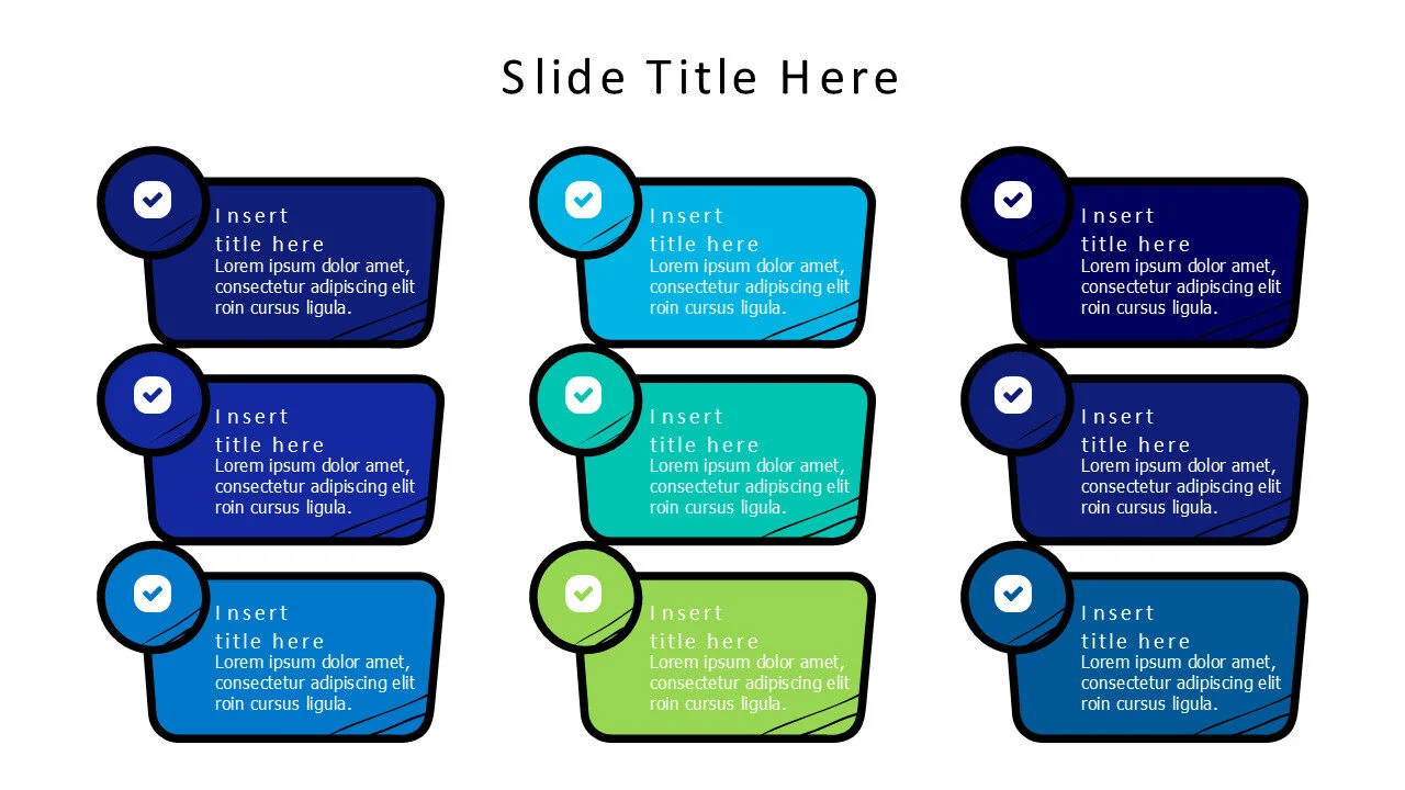 9 points doodle colored blocks with icons infographic