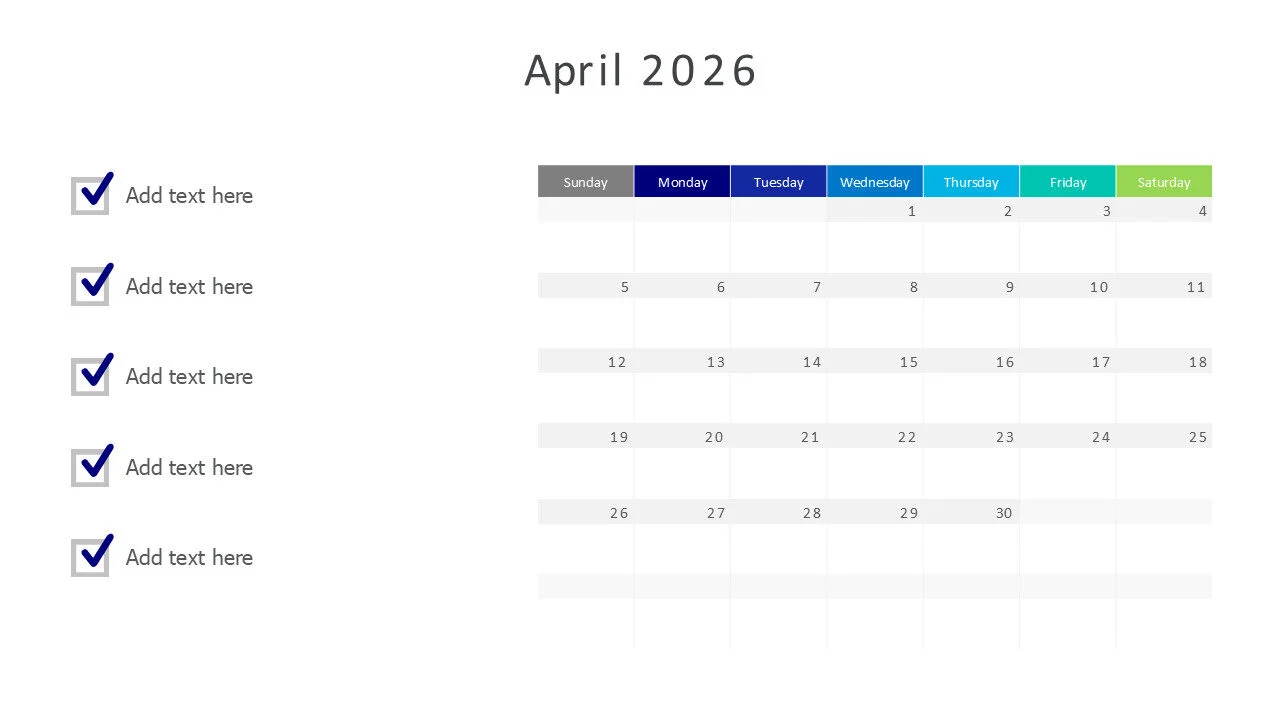 April 2026 calendar with checkmarks