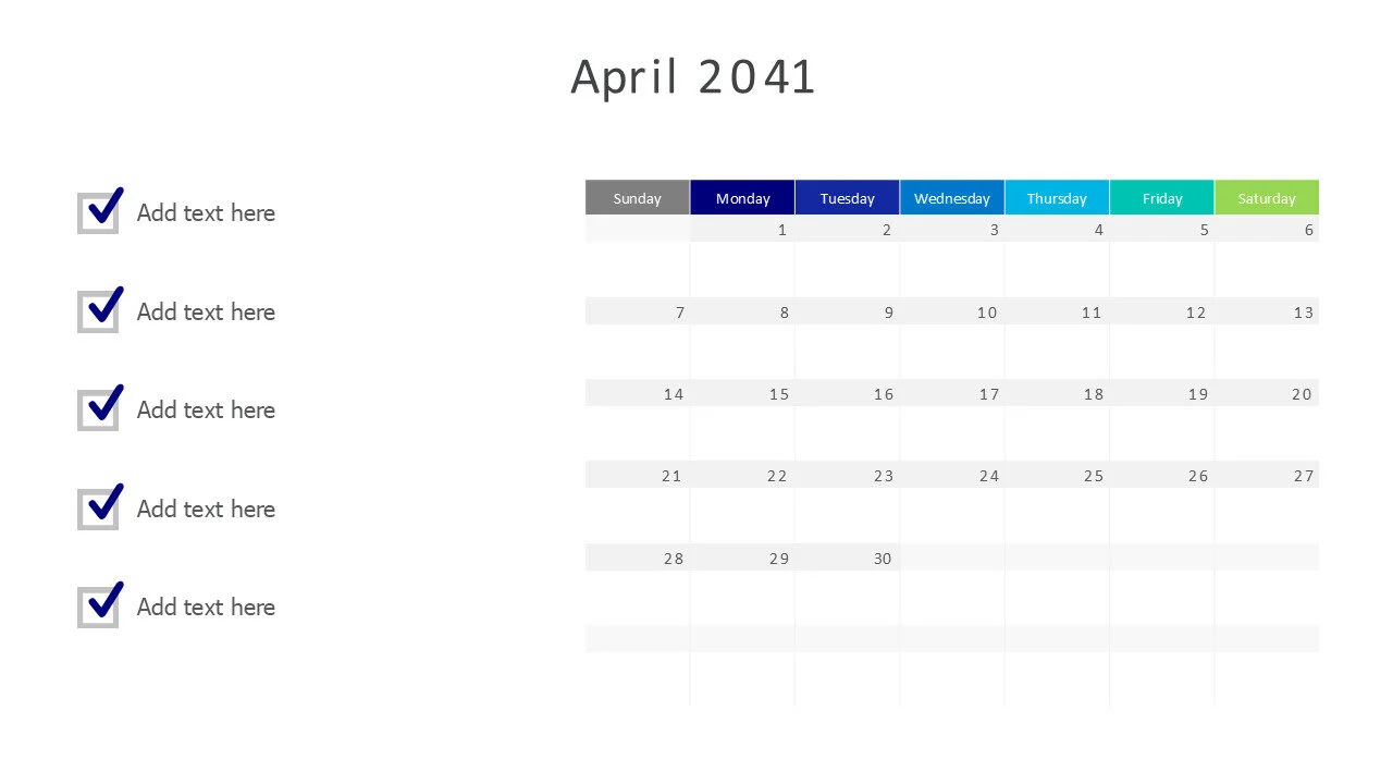 April 2041 calendar with checkmarks