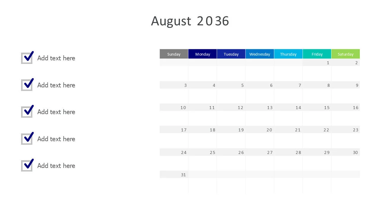 August 2036 calendar with checkmarks
