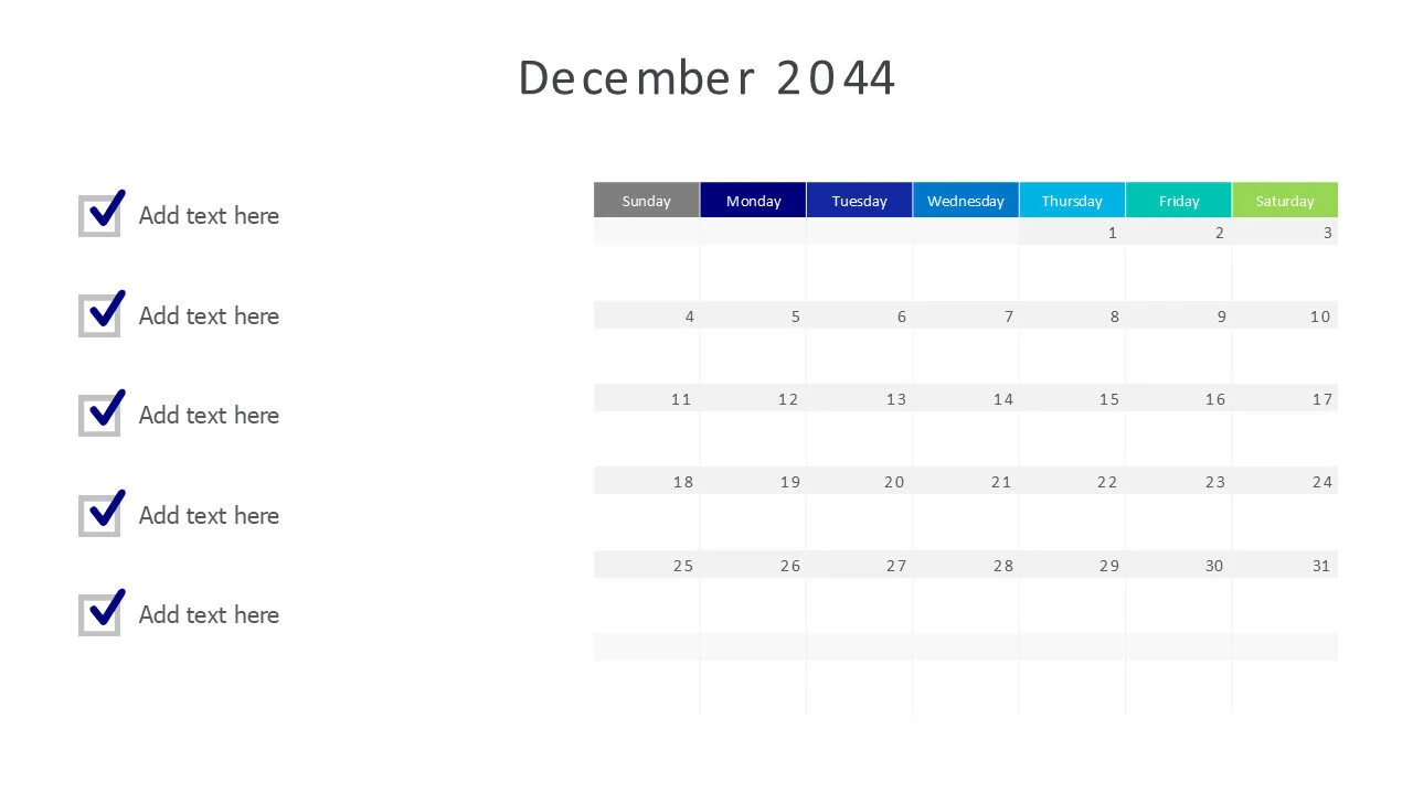 December 2044 calendar with checkmarks