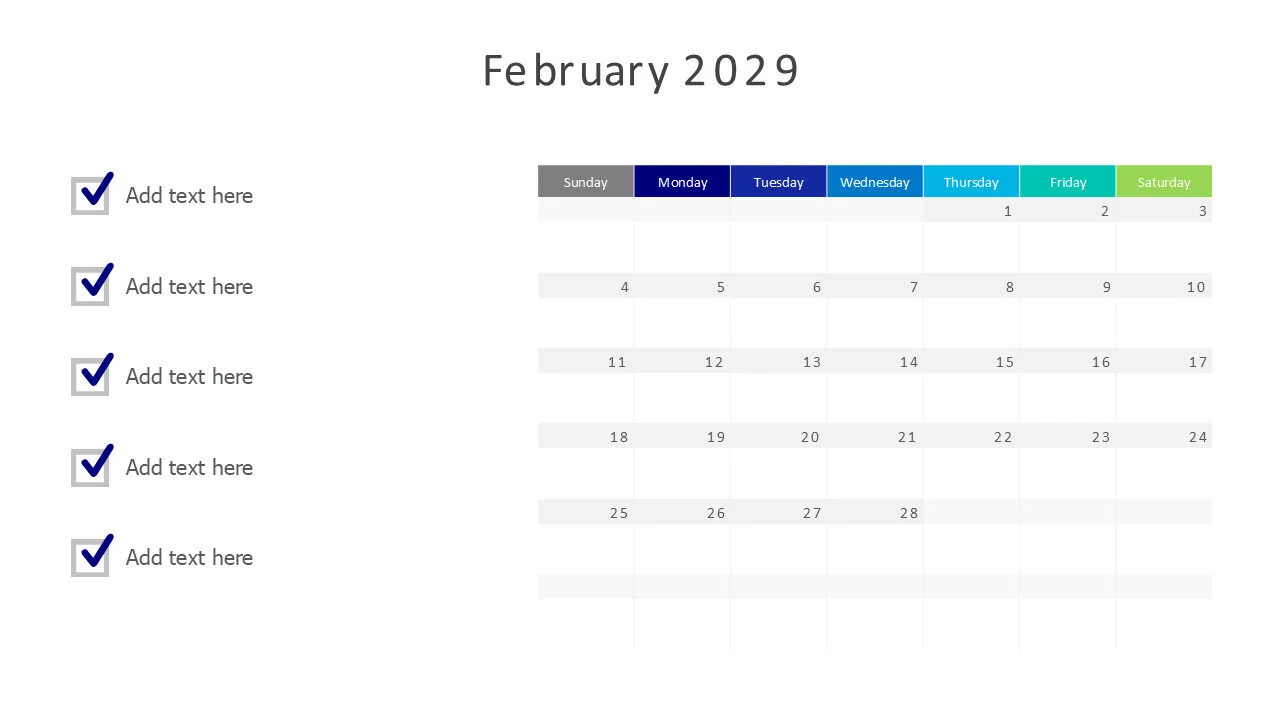 February 2029 calendar with checkmarks