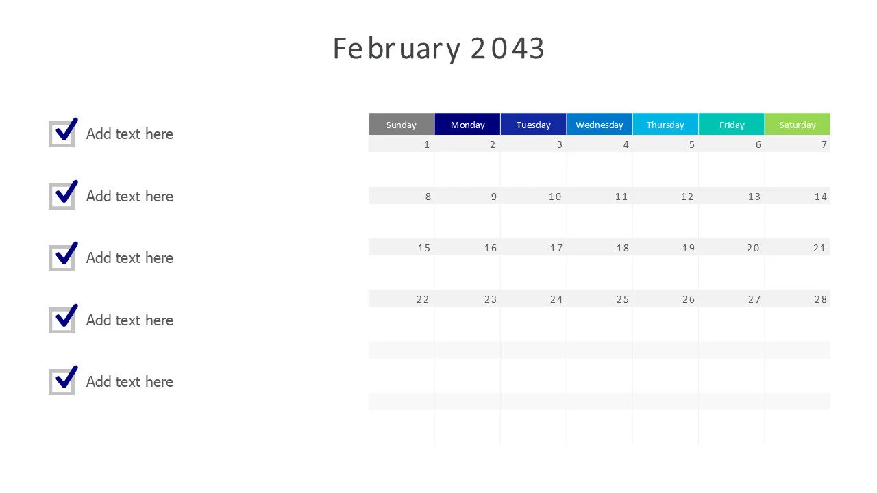 February 2043 calendar with checkmarks