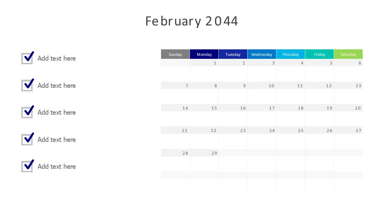 February 2044 calendar with checkmarks
