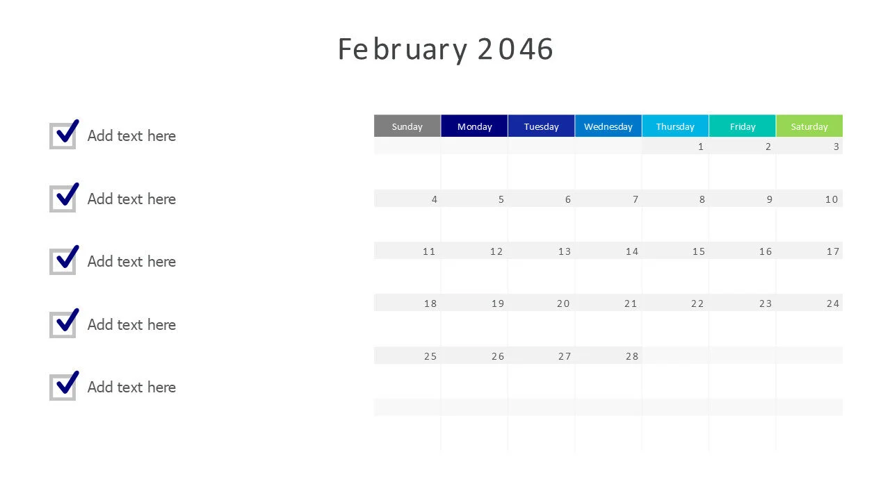 February 2046 calendar with checkmarks