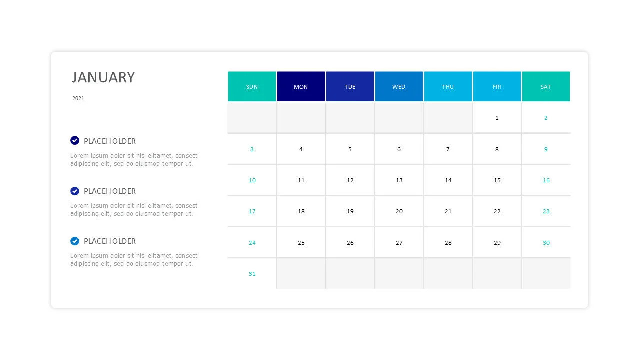 January 2021 with days and checkpoints