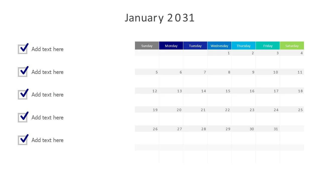 January 2031 calendar with checkmarks