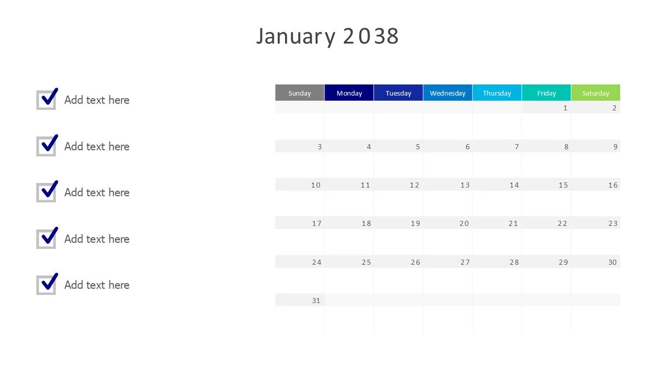 January 2038 calendar with checkmarks