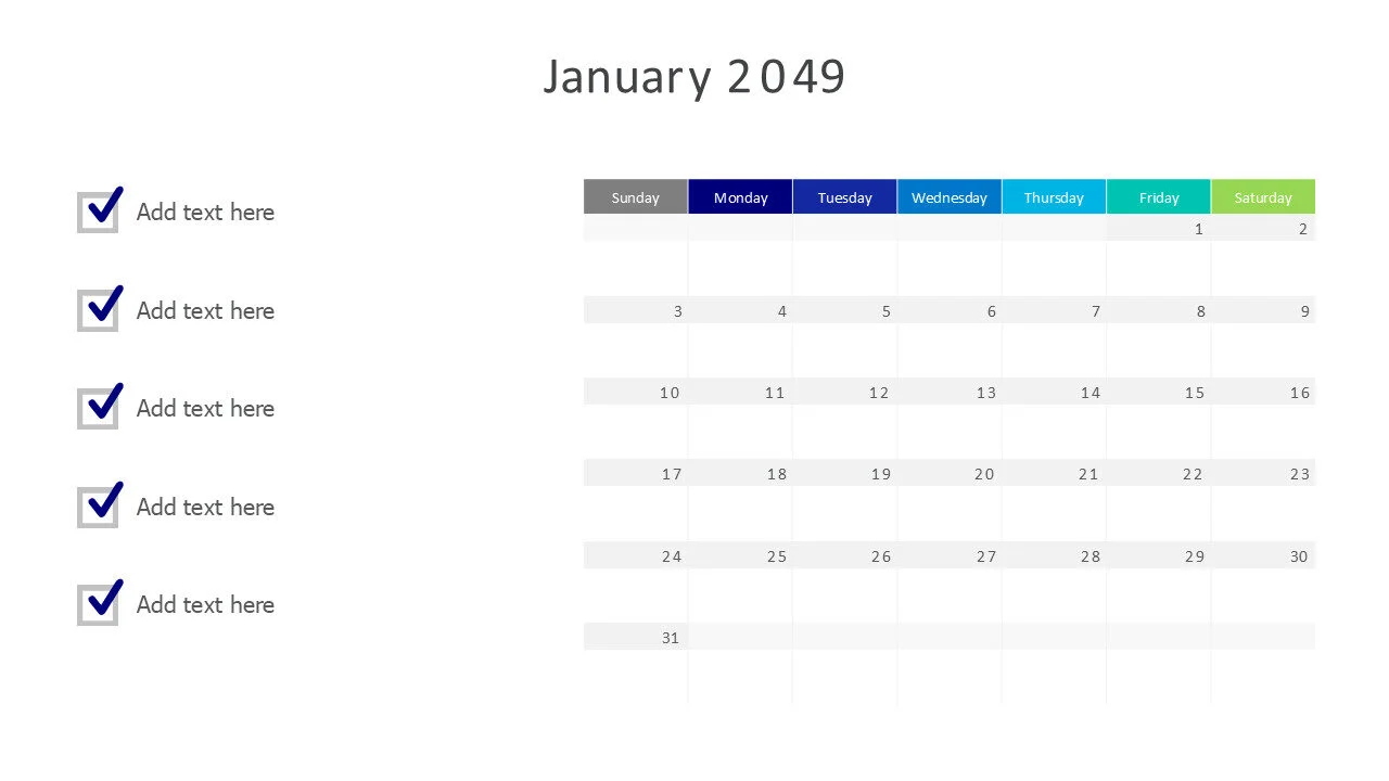 January 2049 calendar with checkmarks