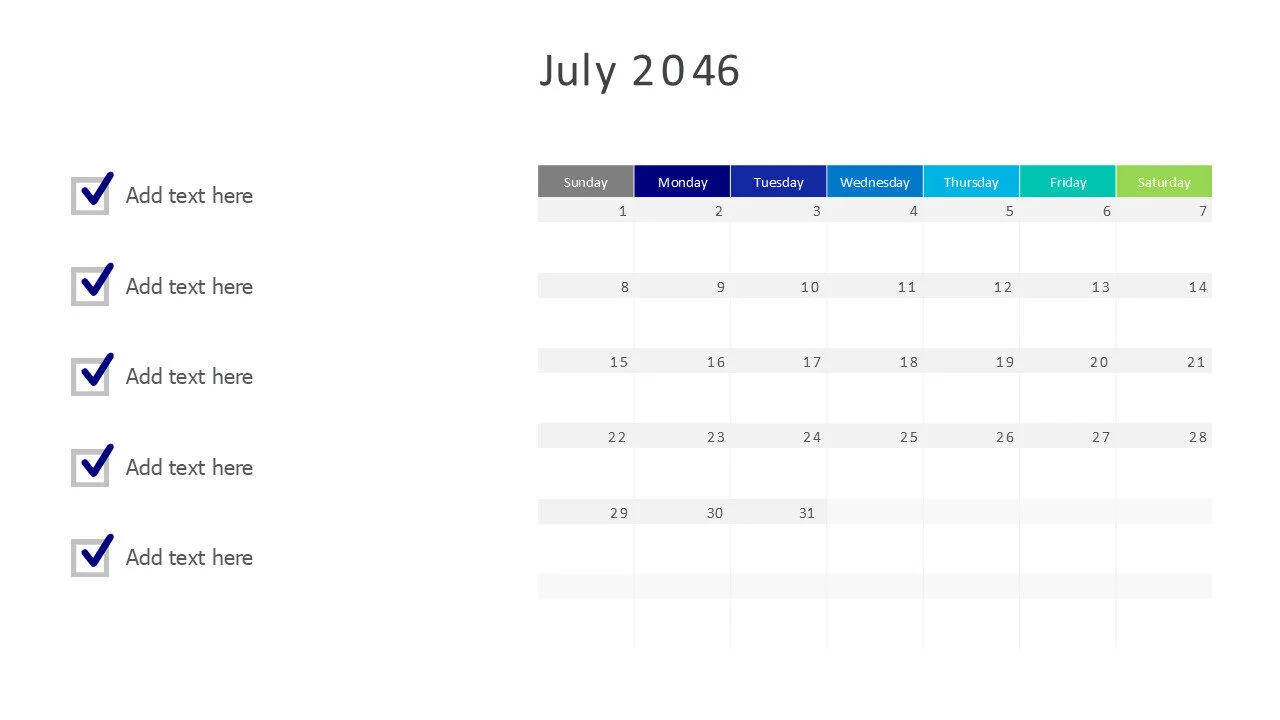 July 2046 calendar with checkmarks
