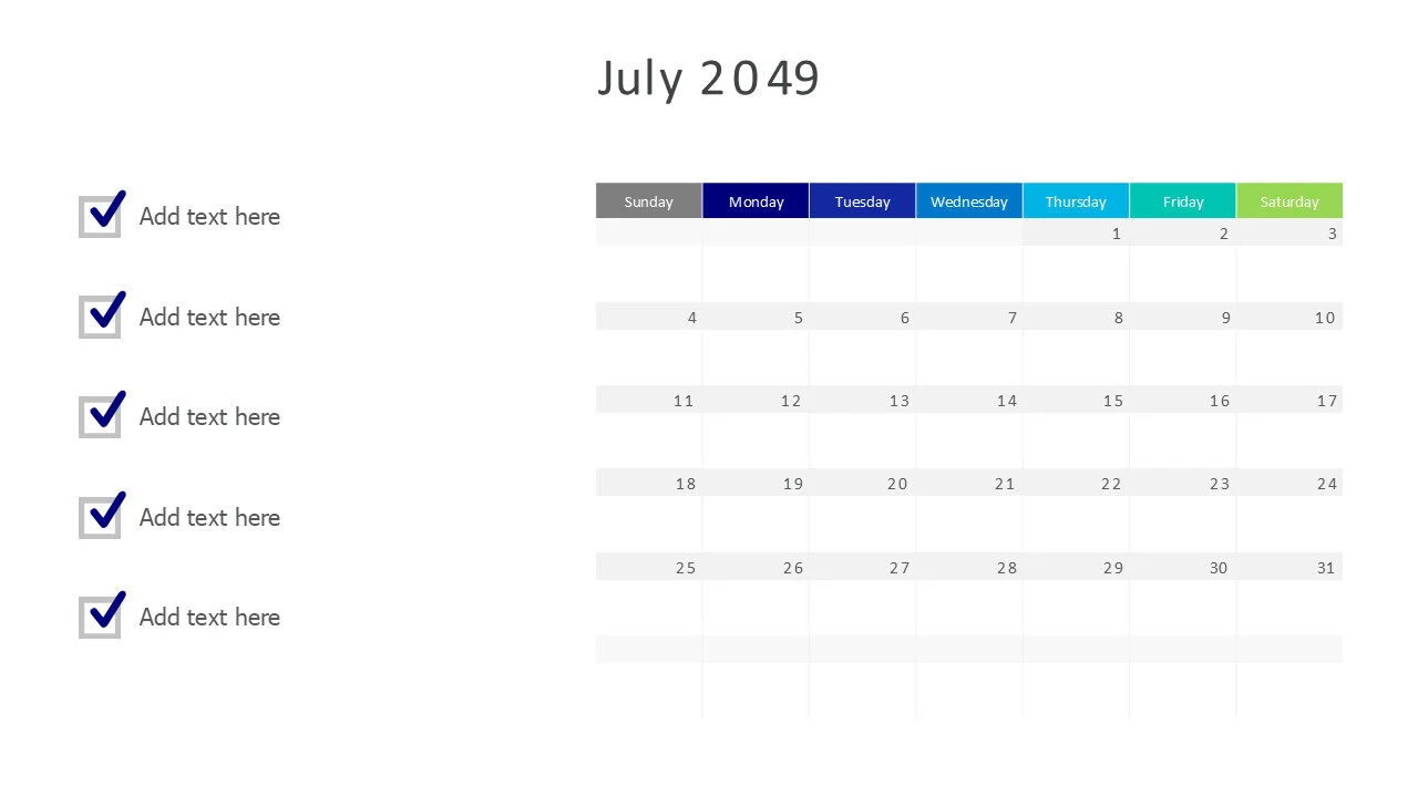 July 2049 calendar with checkmarks