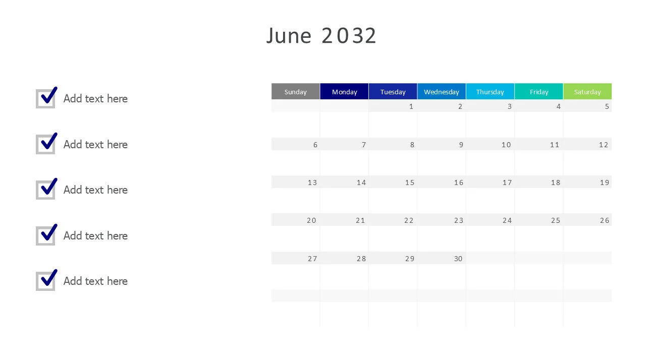 June 2032 calendar with checkmarks
