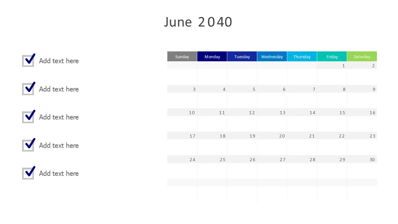 June 2040 calendar with checkmarks