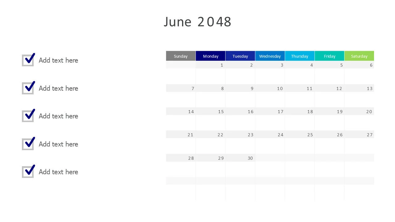 June 2048 calendar with checkmarks