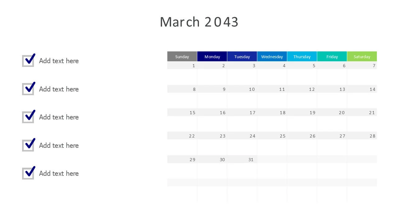March 2043 calendar with checkmarks