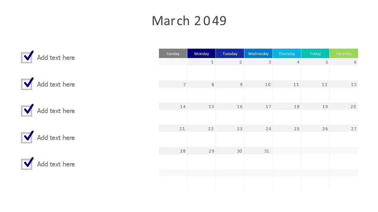 March 2049 calendar with checkmarks