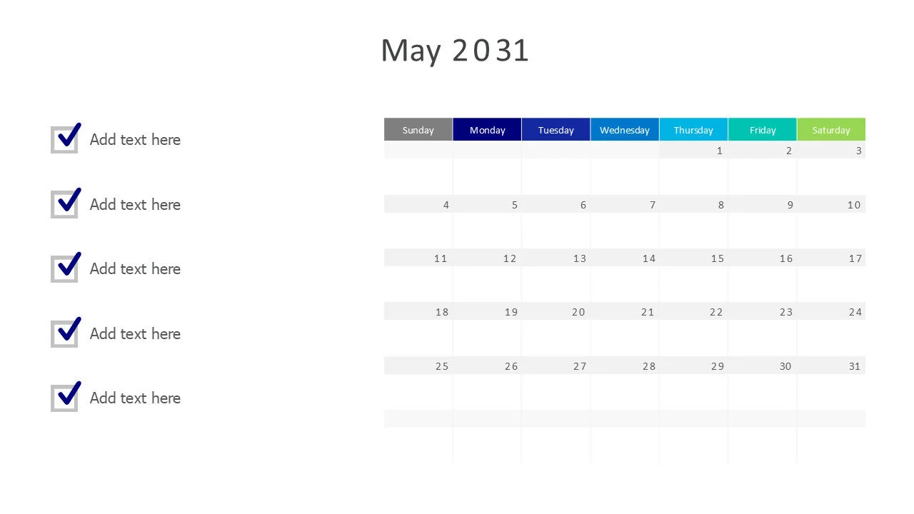 May 2031 calendar with checkmarks