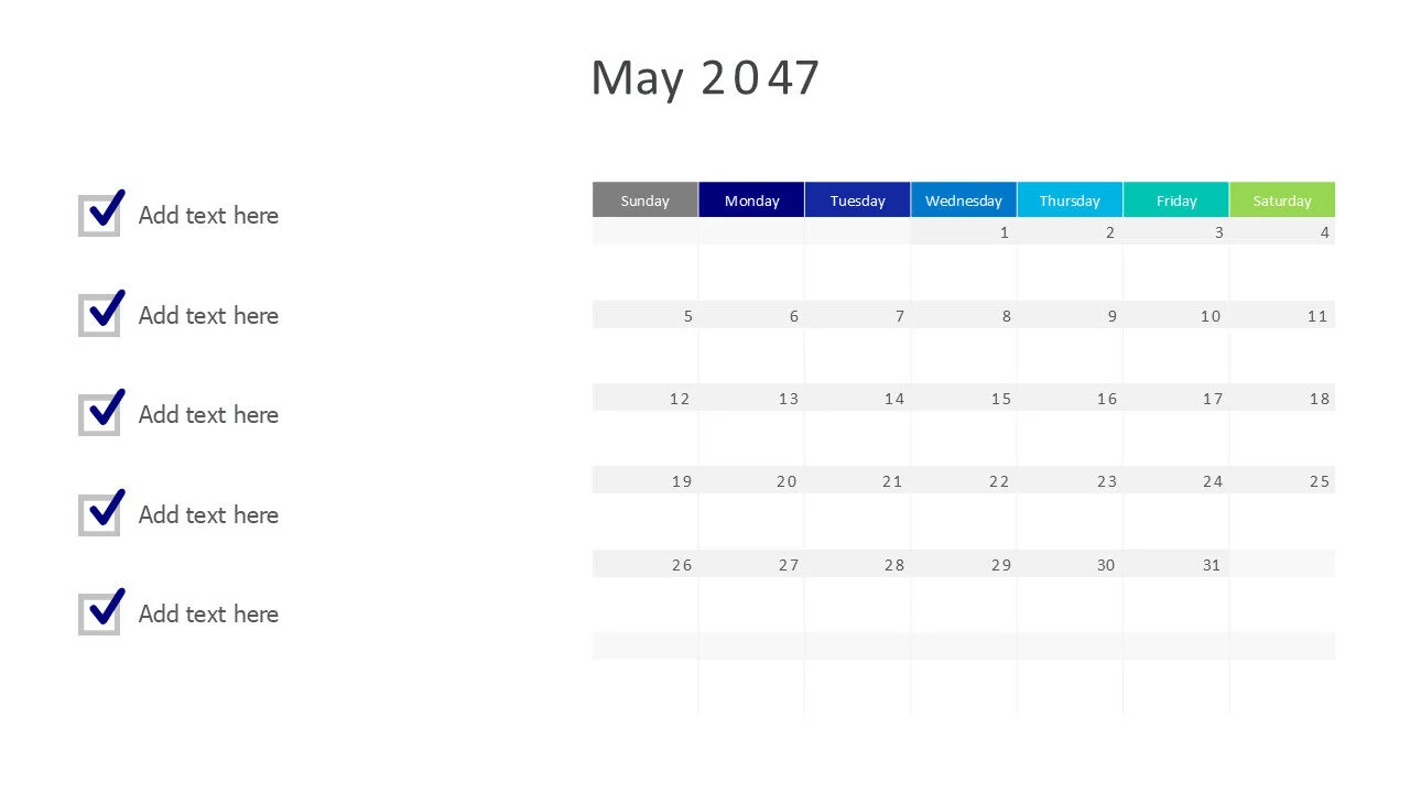 May 2047 calendar with checkmarks