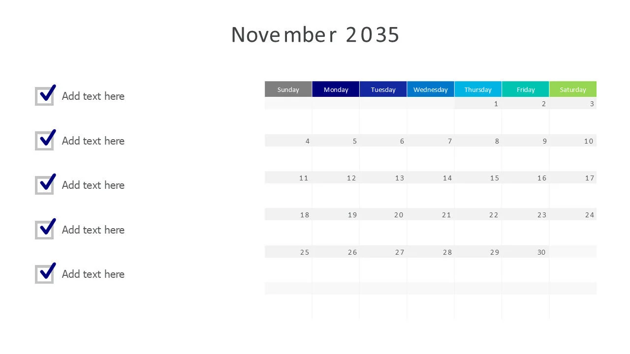 November 2035 calendar with checkmarks