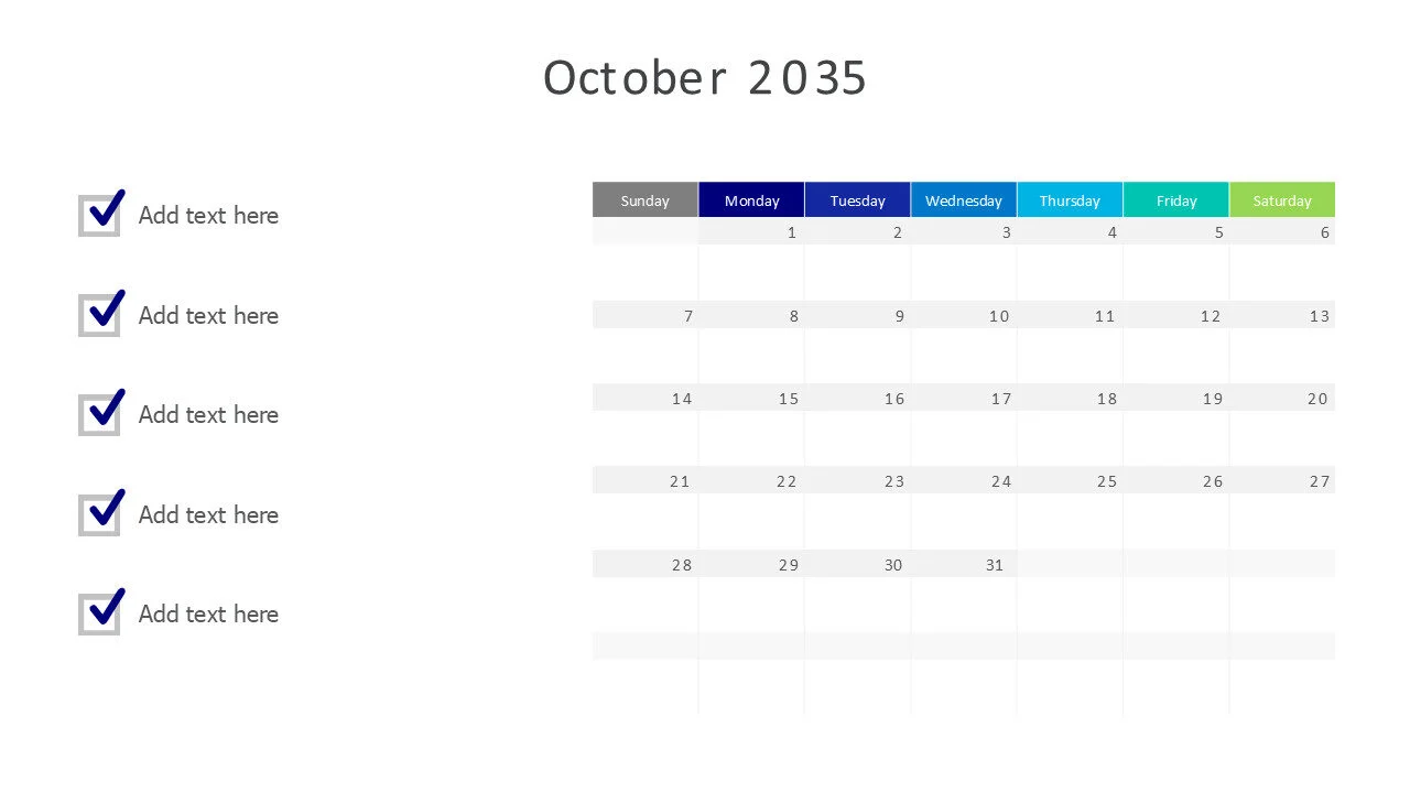 October 2035 calendar with checkmarks