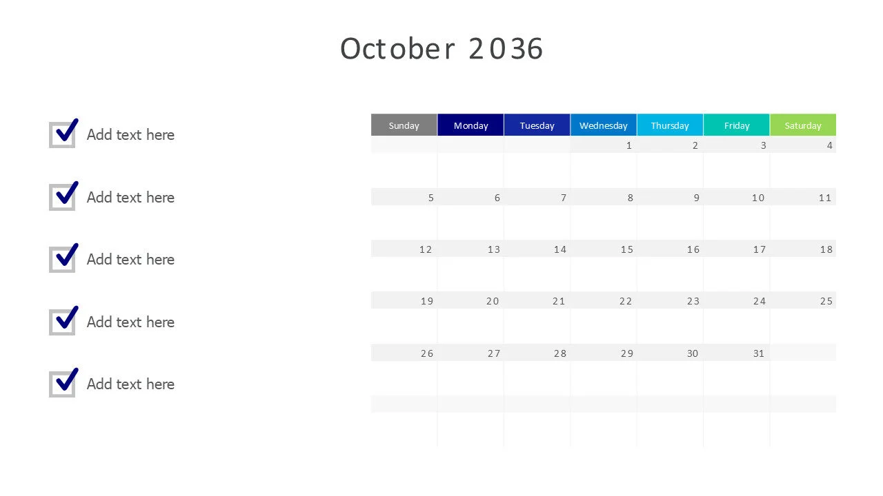 October 2036 calendar with checkmarks