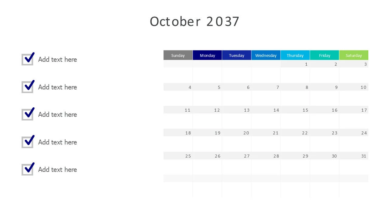 October 2037 calendar with checkmarks