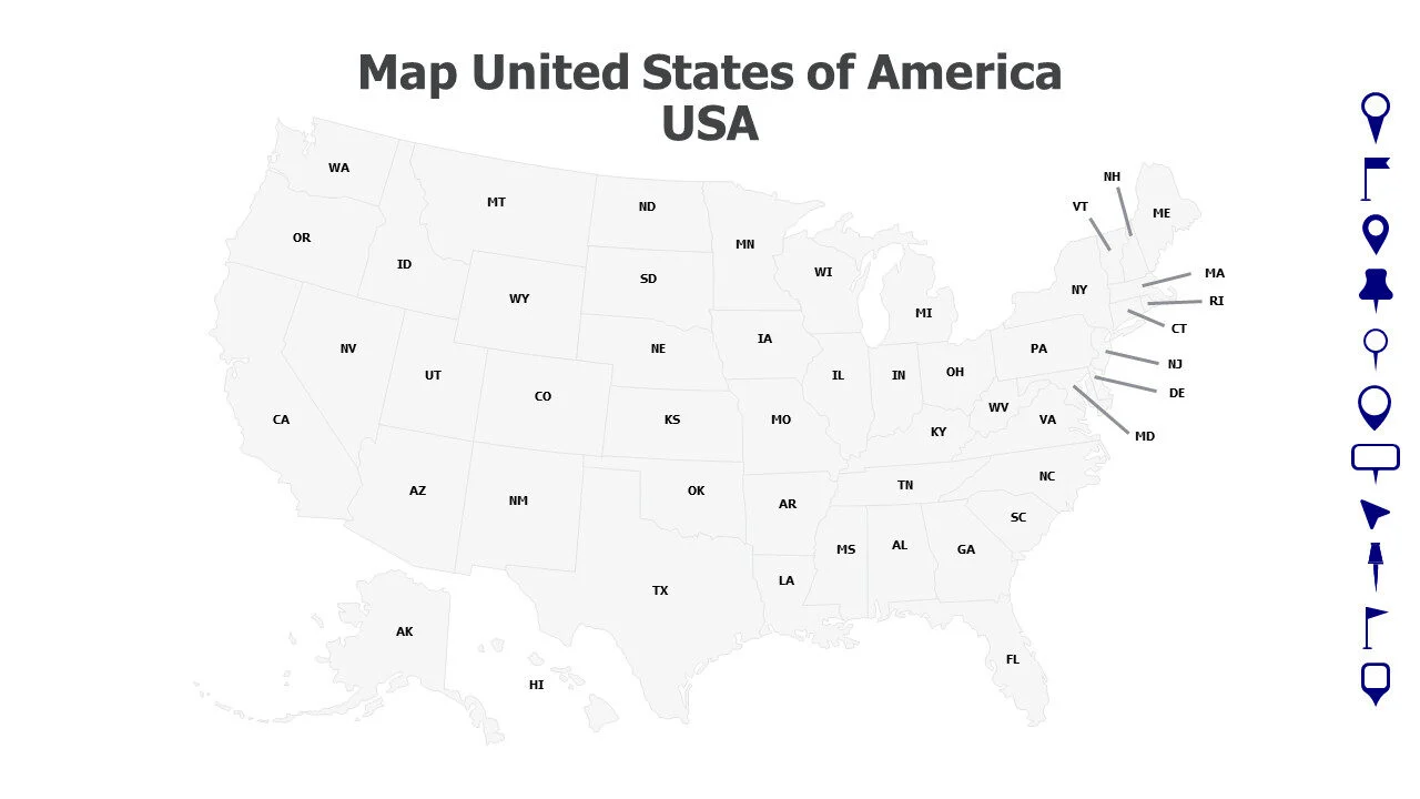 United States of America USA map with states abbreviation 16