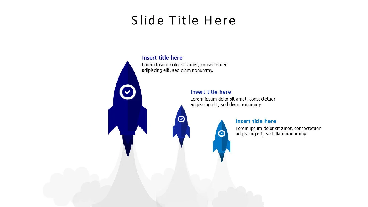 3 colored flat rockets with smoke infographic
