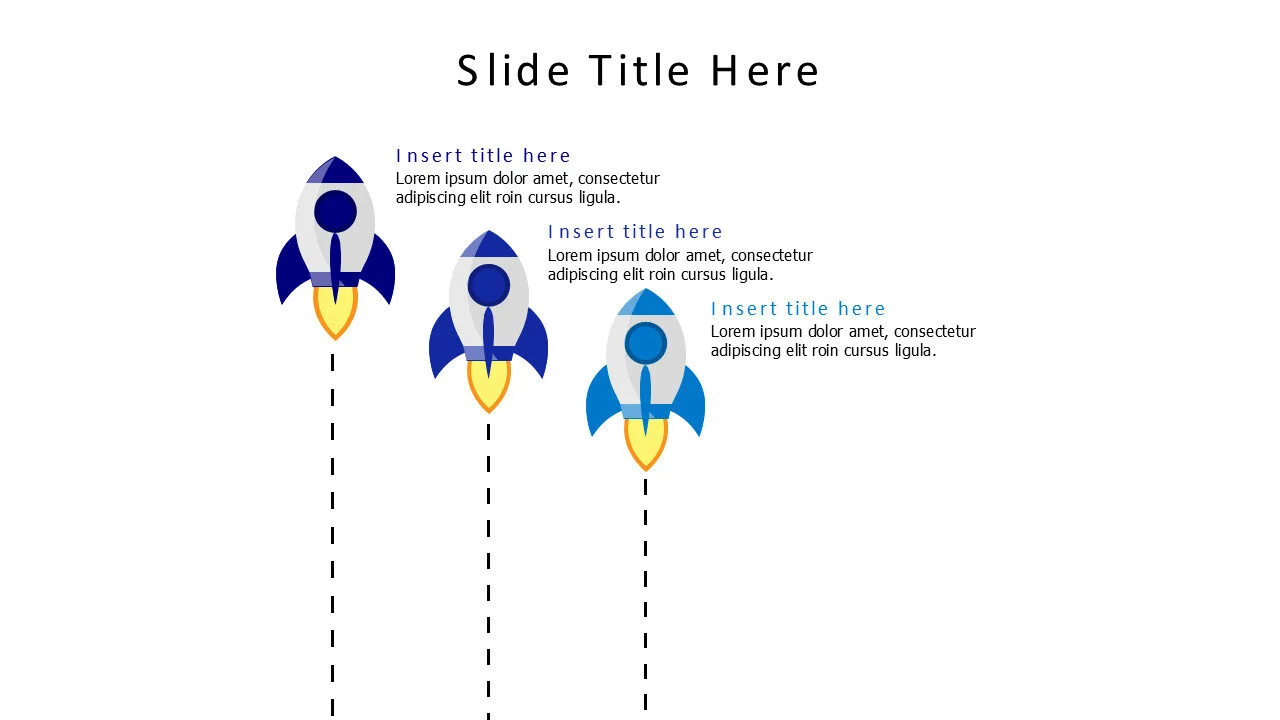 3 points colored rockets with dotted lines infographic