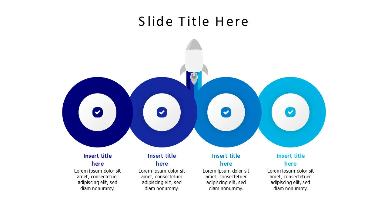 4 points colored circles with rocket infographic