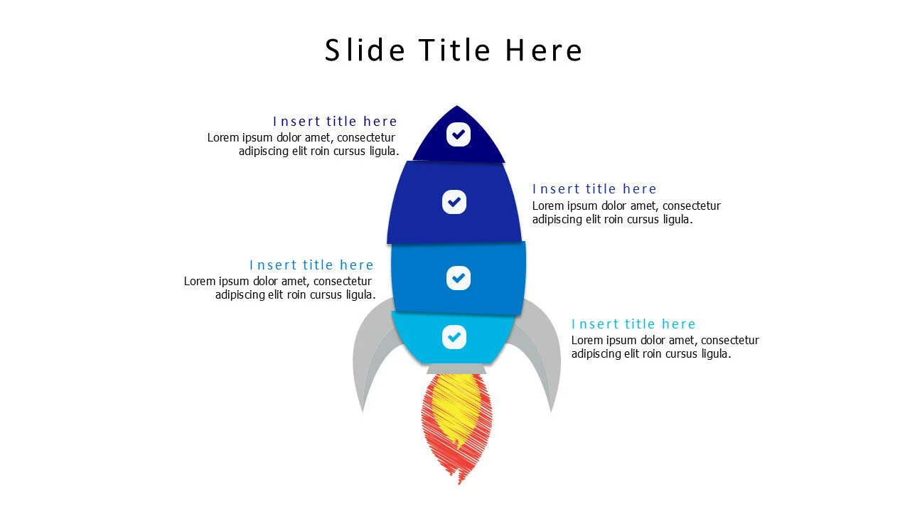 4 points divided colored rocket and flame infographic
