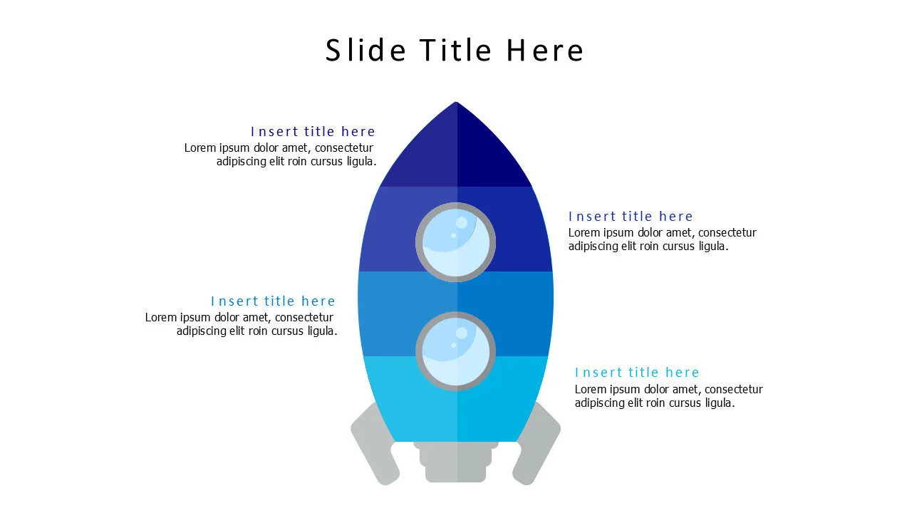 4 points divided colored rocket with 2 windows infographic