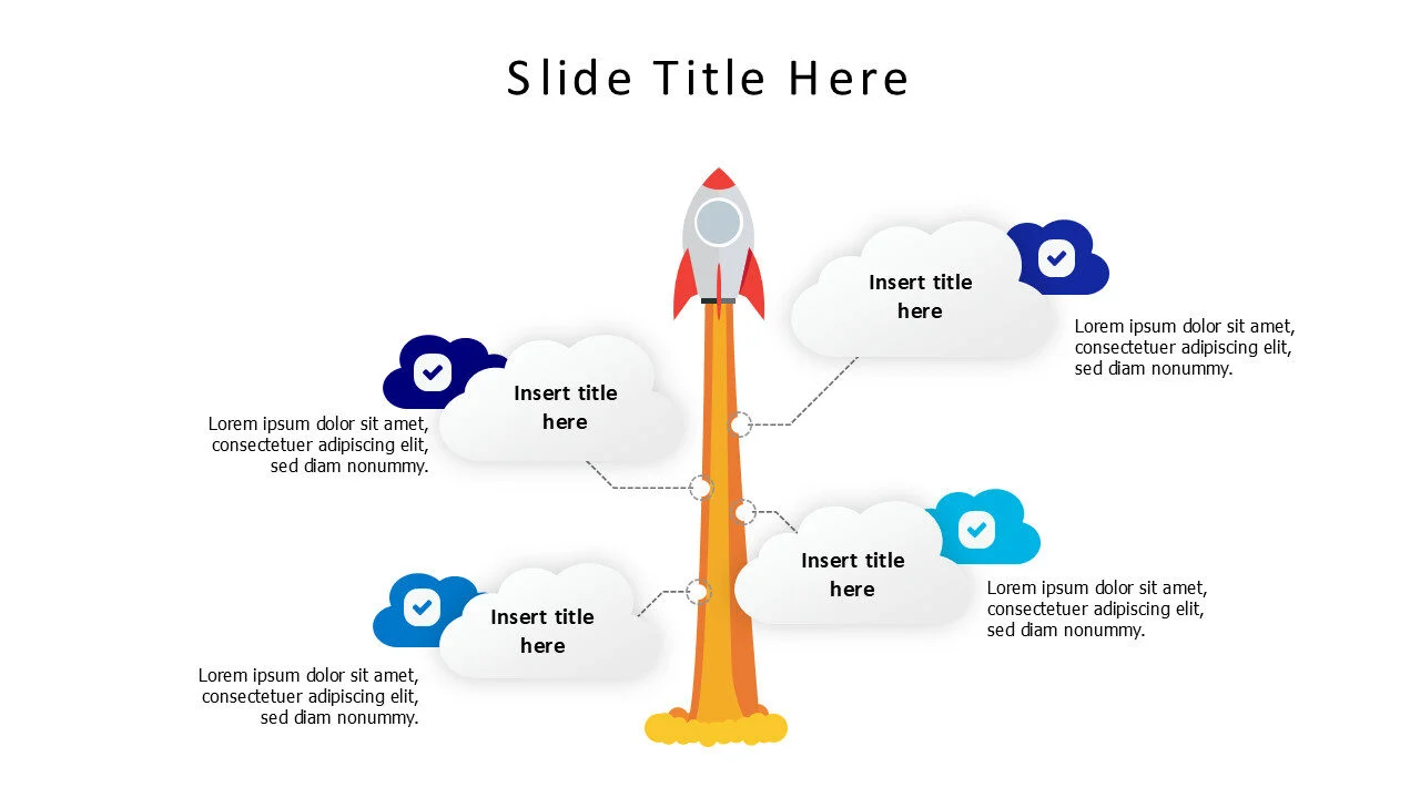 4 points launching rocket with 4 clouds infographic