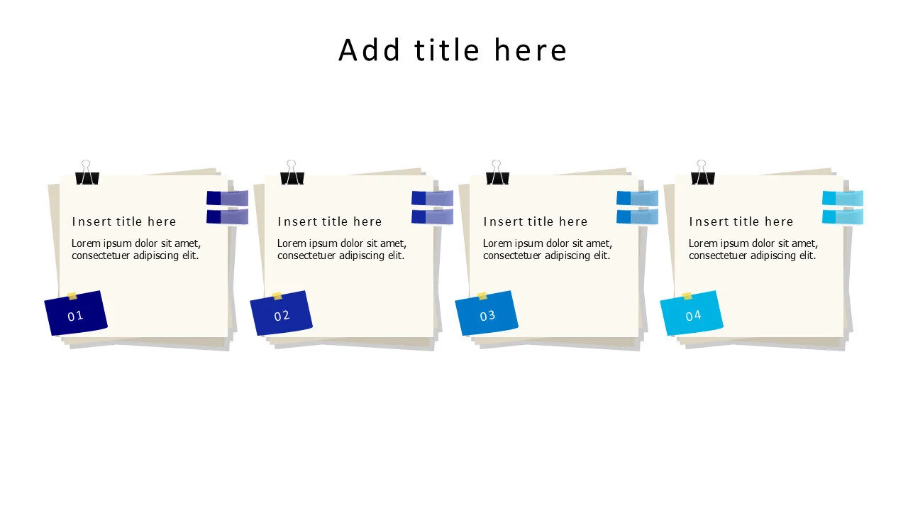 4 square sticky notes with black binder clip