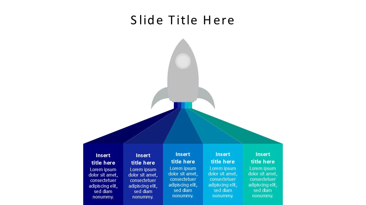 5 colored blocks with a flat rocket infographic