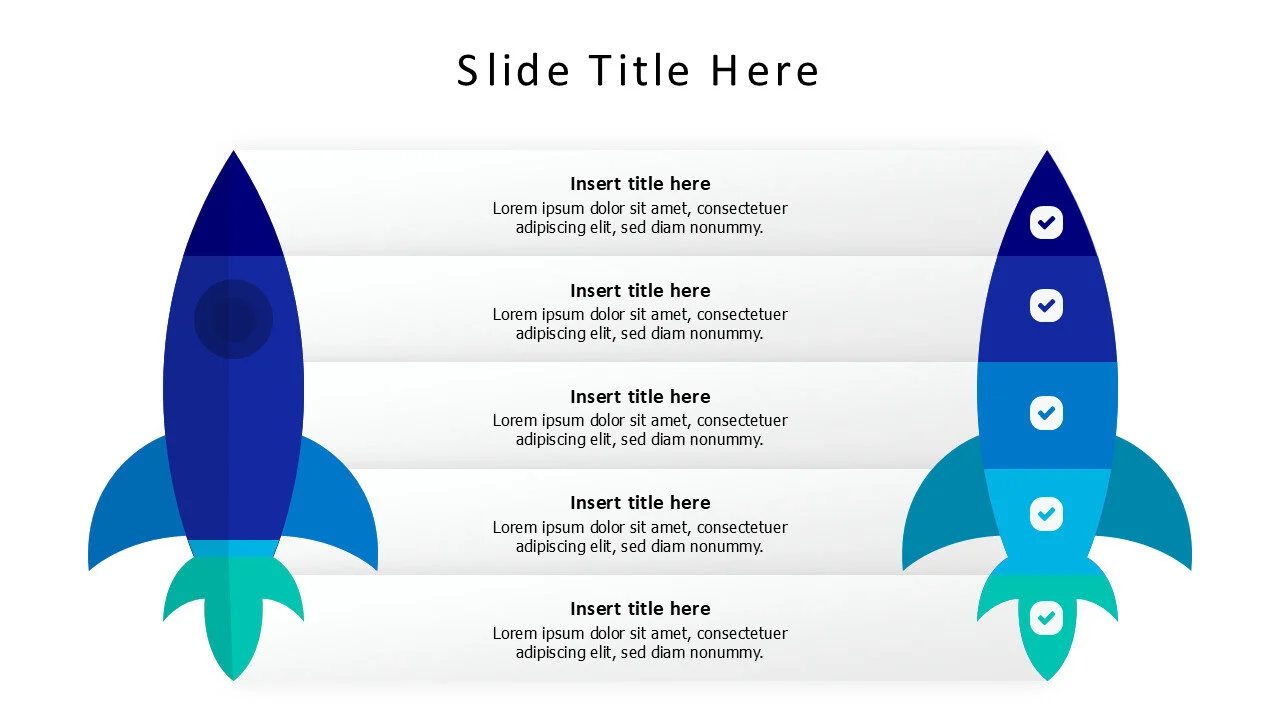 5 points 2 colored rockets infographic with icons