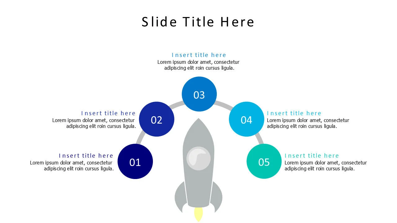 5 points around a launching flat rocket infographic