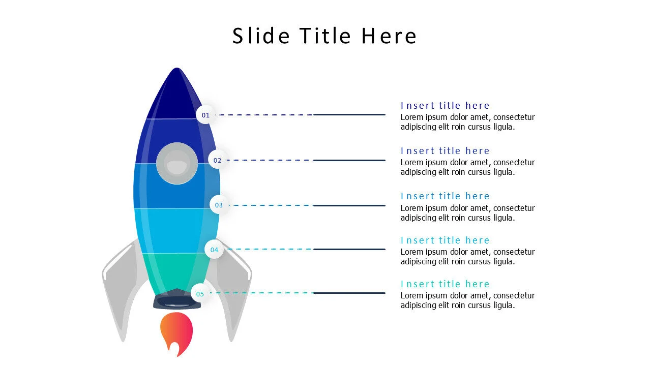 5 points colored divided flying rocket infographic