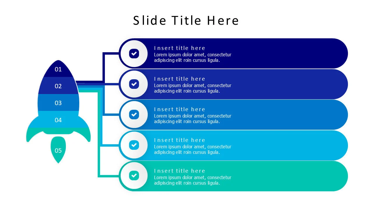 5 points colored stripes with a divided rocket infographic