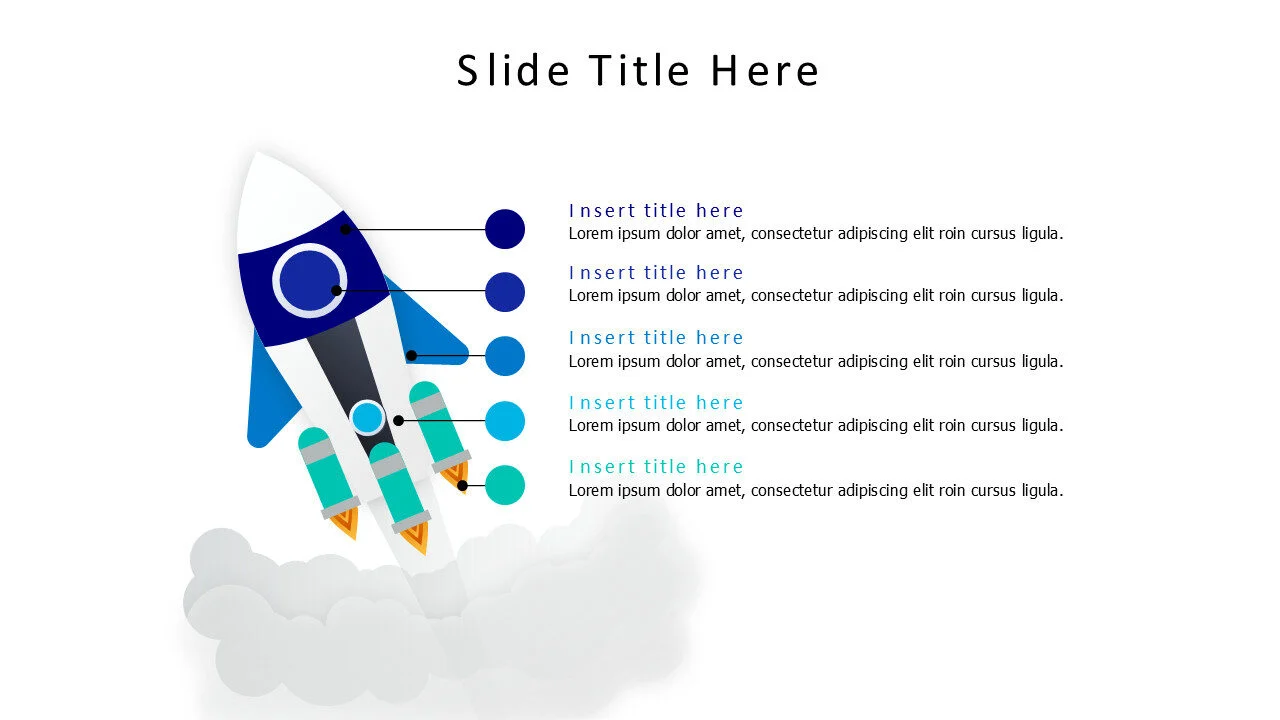 5 points launching colored rocket with fume infographic