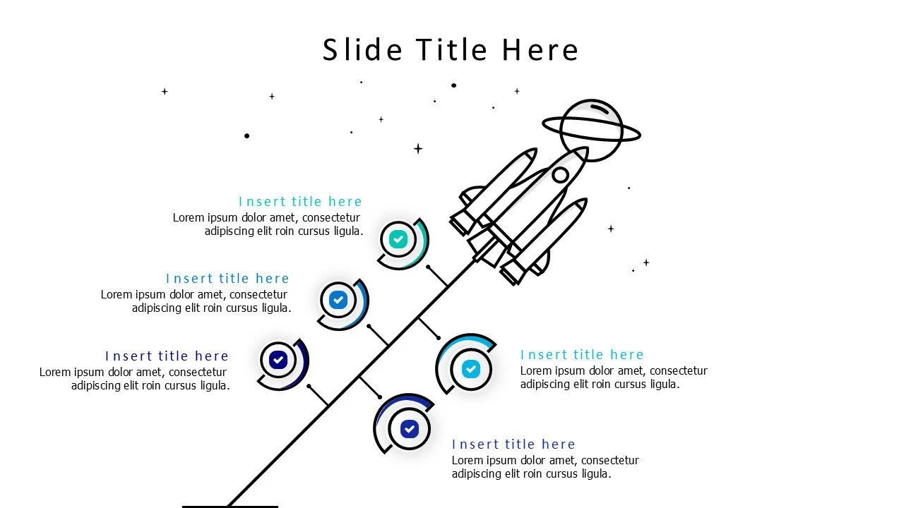 5 points outlined launching rocket infographic with icons