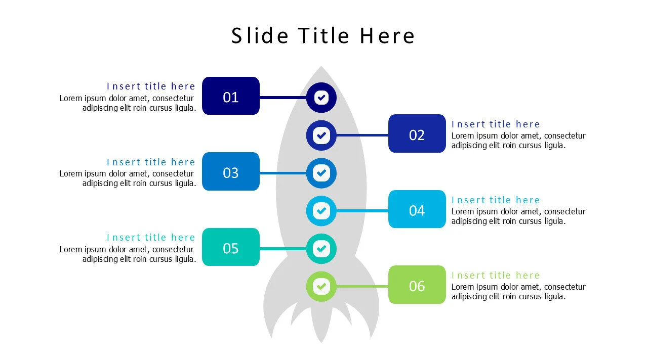 6 colored blocks out of a flat rocket infographic
