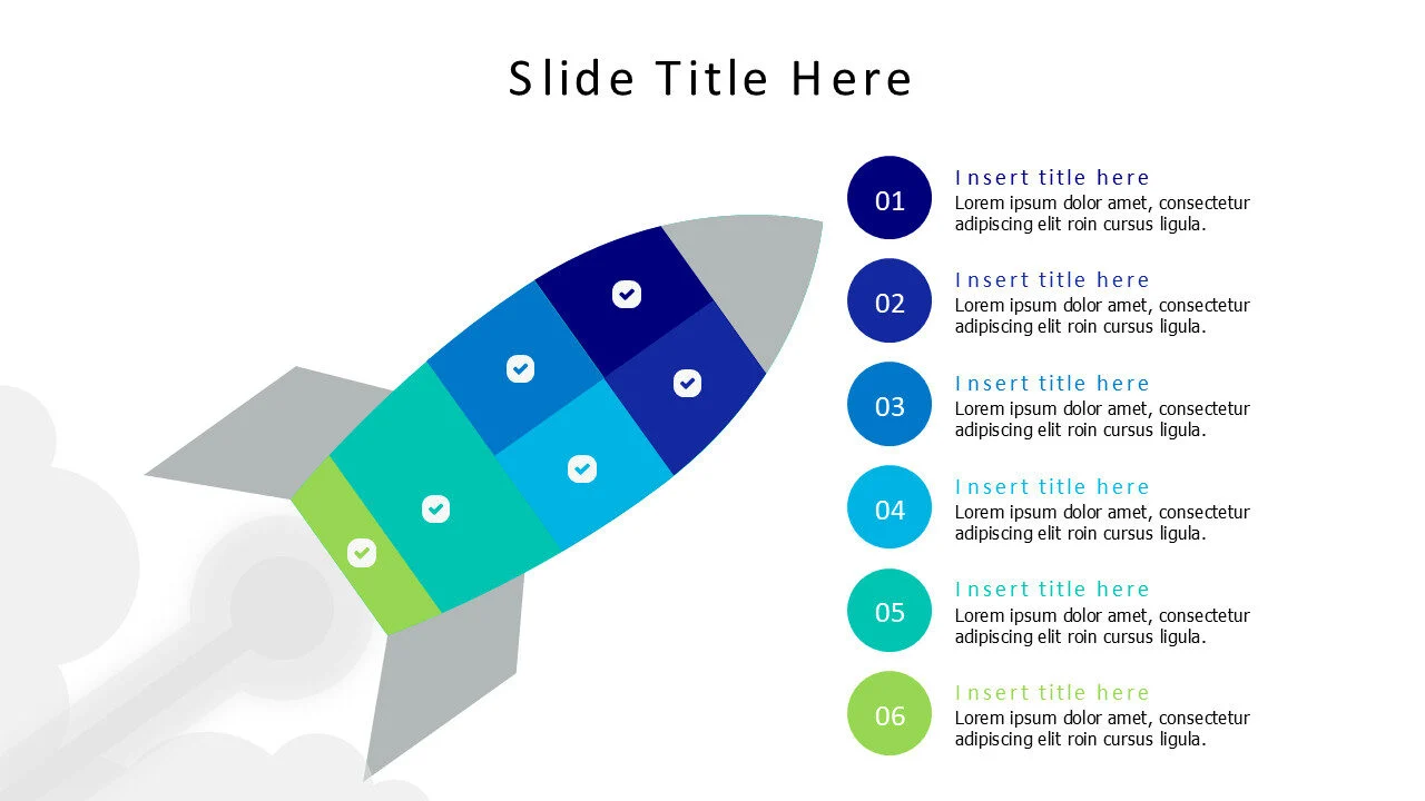 6 points colored circles with launching colored rocket infographic